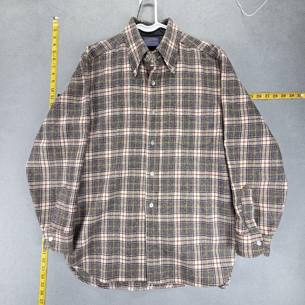 Vintage Pendleton Shirt Mens L 60s 70s Gray Plaid Wool Long Sleeve Button USA
